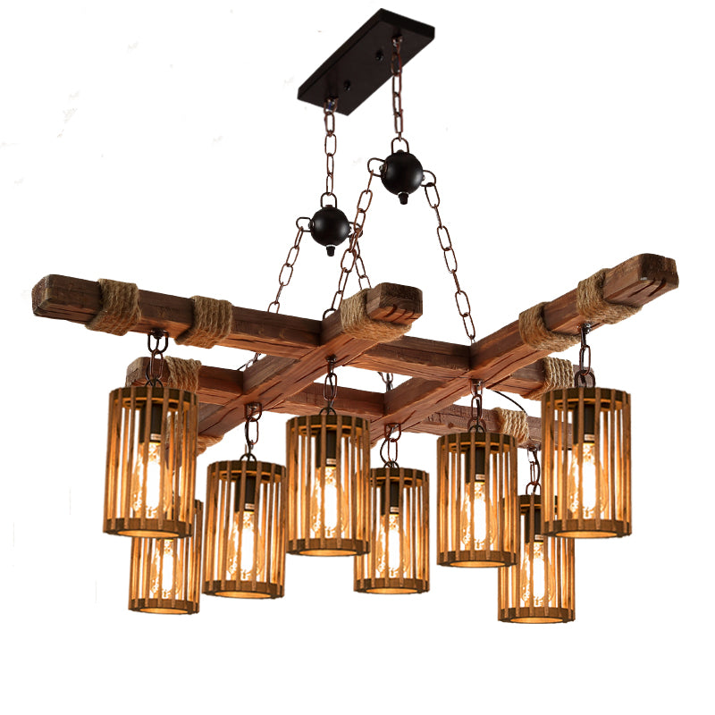Farmhouse Cylindrical Cage Chandelier Light Wooden Hanging Lamp Kit for Dining Room Clearhalo 'Carpenter Chandeliers' 'Ceiling Lights' 'Chandeliers' 'Industrial Chandeliers' 'Industrial' 'Middle Century Chandeliers' 'Modern' 'Tiffany' Lighting' 2461537