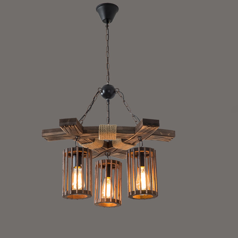 Farmhouse Cylindrical Cage Chandelier Light Wooden Hanging Lamp Kit for Dining Room Wood Triangle Clearhalo 'Carpenter Chandeliers' 'Ceiling Lights' 'Chandeliers' 'Industrial Chandeliers' 'Industrial' 'Middle Century Chandeliers' 'Modern' 'Tiffany' Lighting' 2461538
