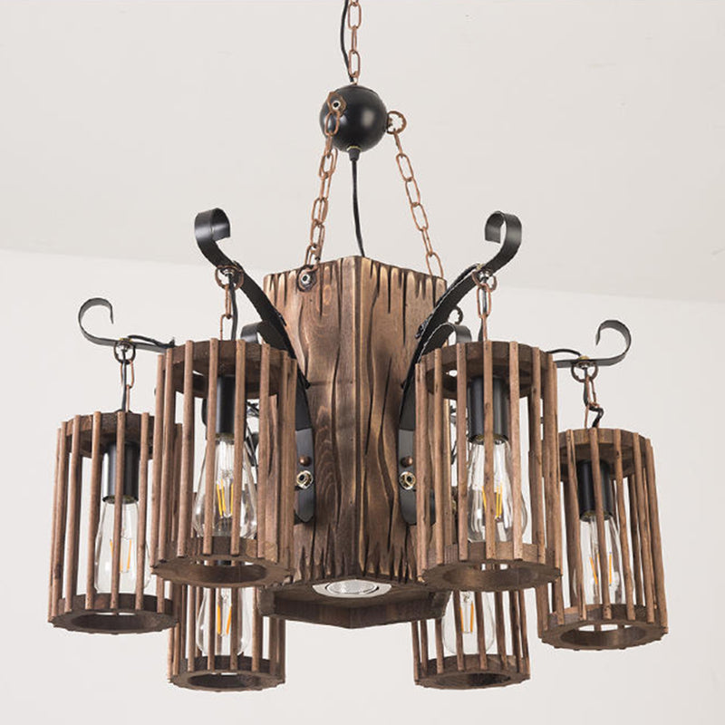 Farmhouse Cylindrical Cage Chandelier Light Wooden Hanging Lamp Kit for Dining Room Clearhalo 'Carpenter Chandeliers' 'Ceiling Lights' 'Chandeliers' 'Industrial Chandeliers' 'Industrial' 'Middle Century Chandeliers' 'Modern' 'Tiffany' Lighting' 2461539