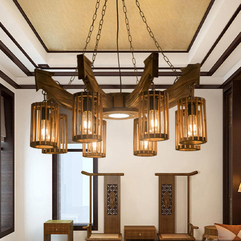 Farmhouse Cylindrical Cage Chandelier Light Wooden Hanging Lamp Kit for Dining Room Clearhalo 'Carpenter Chandeliers' 'Ceiling Lights' 'Chandeliers' 'Industrial Chandeliers' 'Industrial' 'Middle Century Chandeliers' 'Modern' 'Tiffany' Lighting' 2461540