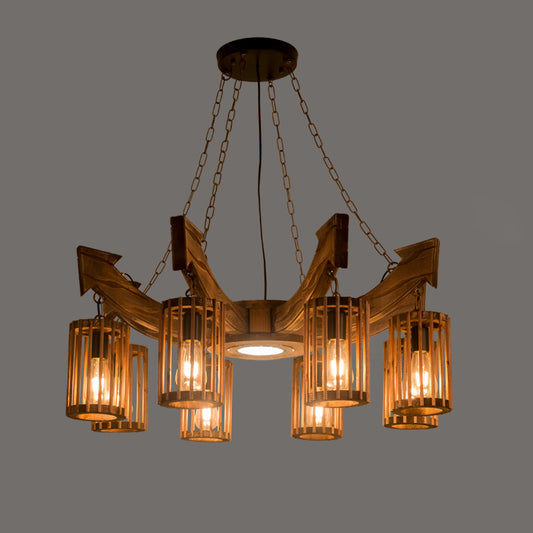 Farmhouse Cylindrical Cage Chandelier Light Wooden Hanging Lamp Kit for Dining Room Wood Anchor Clearhalo 'Carpenter Chandeliers' 'Ceiling Lights' 'Chandeliers' 'Industrial Chandeliers' 'Industrial' 'Middle Century Chandeliers' 'Modern' 'Tiffany' Lighting' 2461541