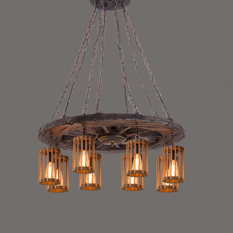 Farmhouse Cylindrical Cage Chandelier Light Wooden Hanging Lamp Kit for Dining Room Wood Not Hollow Clearhalo 'Carpenter Chandeliers' 'Ceiling Lights' 'Chandeliers' 'Industrial Chandeliers' 'Industrial' 'Middle Century Chandeliers' 'Modern' 'Tiffany' Lighting' 2461542
