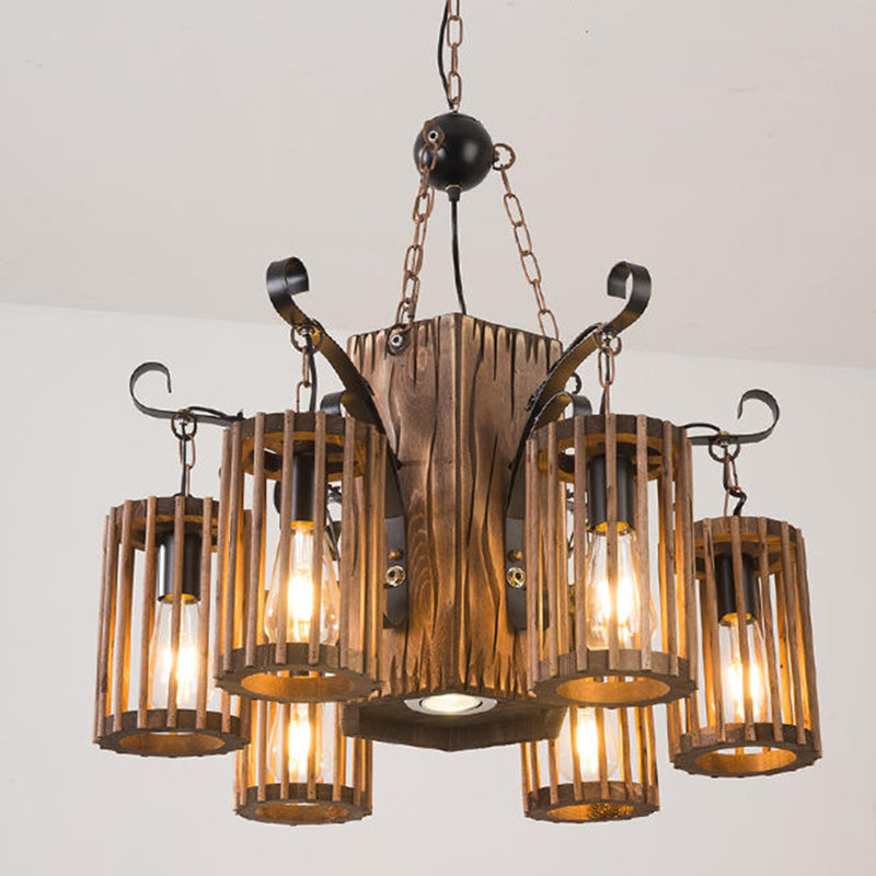 Farmhouse Cylindrical Cage Chandelier Light Wooden Hanging Lamp Kit for Dining Room Clearhalo 'Carpenter Chandeliers' 'Ceiling Lights' 'Chandeliers' 'Industrial Chandeliers' 'Industrial' 'Middle Century Chandeliers' 'Modern' 'Tiffany' Lighting' 2461543