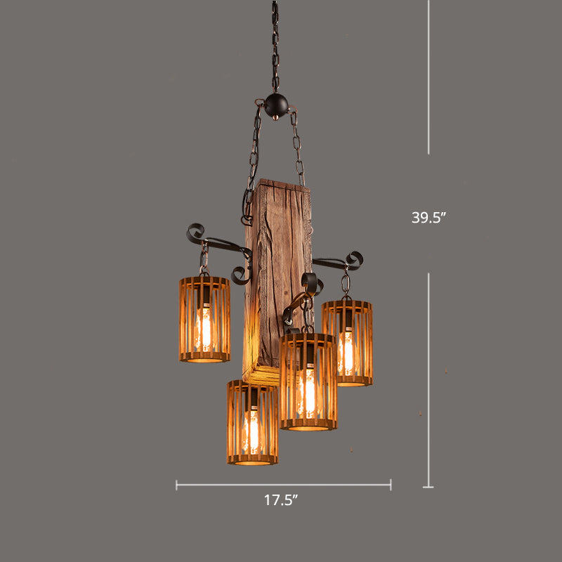 Farmhouse Cylindrical Cage Chandelier Light Wooden Hanging Lamp Kit for Dining Room Clearhalo 'Carpenter Chandeliers' 'Ceiling Lights' 'Chandeliers' 'Industrial Chandeliers' 'Industrial' 'Middle Century Chandeliers' 'Modern' 'Tiffany' Lighting' 2461544