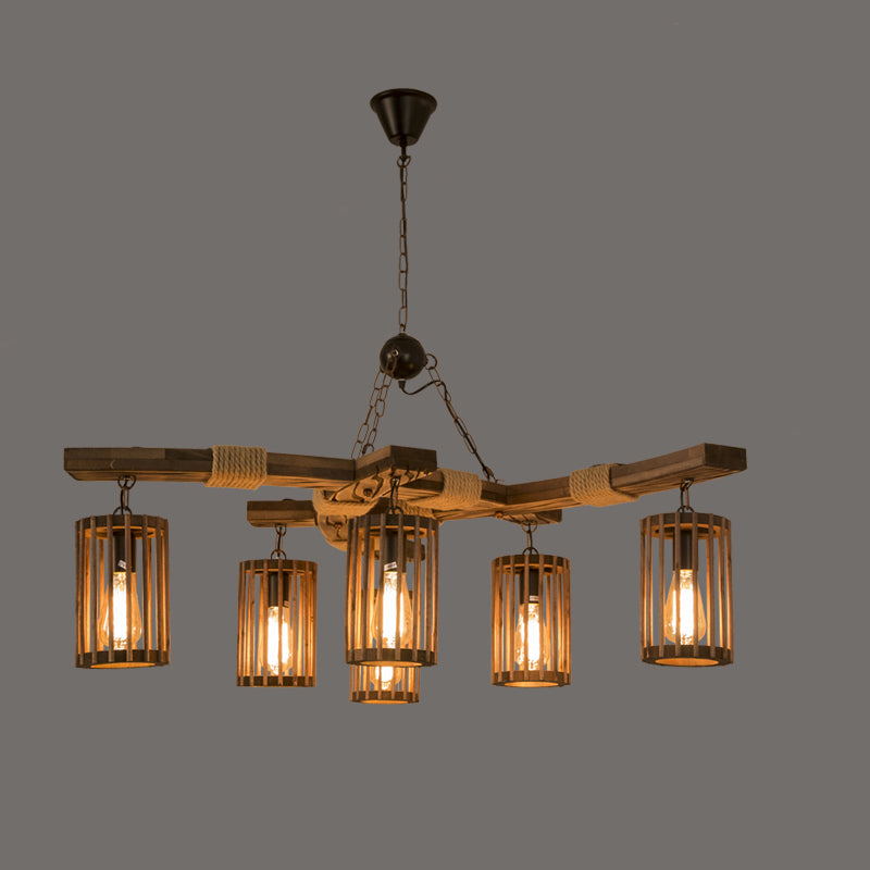 Farmhouse Cylindrical Cage Chandelier Light Wooden Hanging Lamp Kit for Dining Room Wood Bracket Clearhalo 'Carpenter Chandeliers' 'Ceiling Lights' 'Chandeliers' 'Industrial Chandeliers' 'Industrial' 'Middle Century Chandeliers' 'Modern' 'Tiffany' Lighting' 2461545