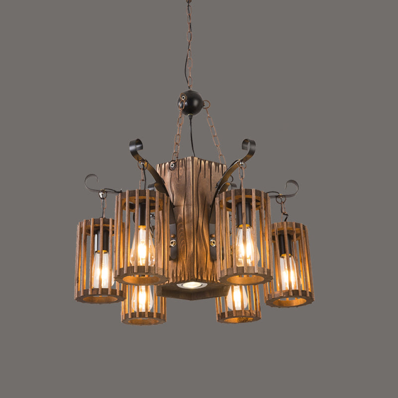 Farmhouse Cylindrical Cage Chandelier Light Wooden Hanging Lamp Kit for Dining Room Wood Cylinder Clearhalo 'Carpenter Chandeliers' 'Ceiling Lights' 'Chandeliers' 'Industrial Chandeliers' 'Industrial' 'Middle Century Chandeliers' 'Modern' 'Tiffany' Lighting' 2461547