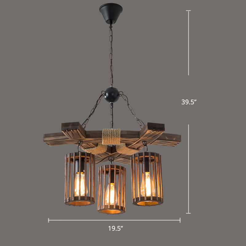Farmhouse Cylindrical Cage Chandelier Light Wooden Hanging Lamp Kit for Dining Room Clearhalo 'Carpenter Chandeliers' 'Ceiling Lights' 'Chandeliers' 'Industrial Chandeliers' 'Industrial' 'Middle Century Chandeliers' 'Modern' 'Tiffany' Lighting' 2461549