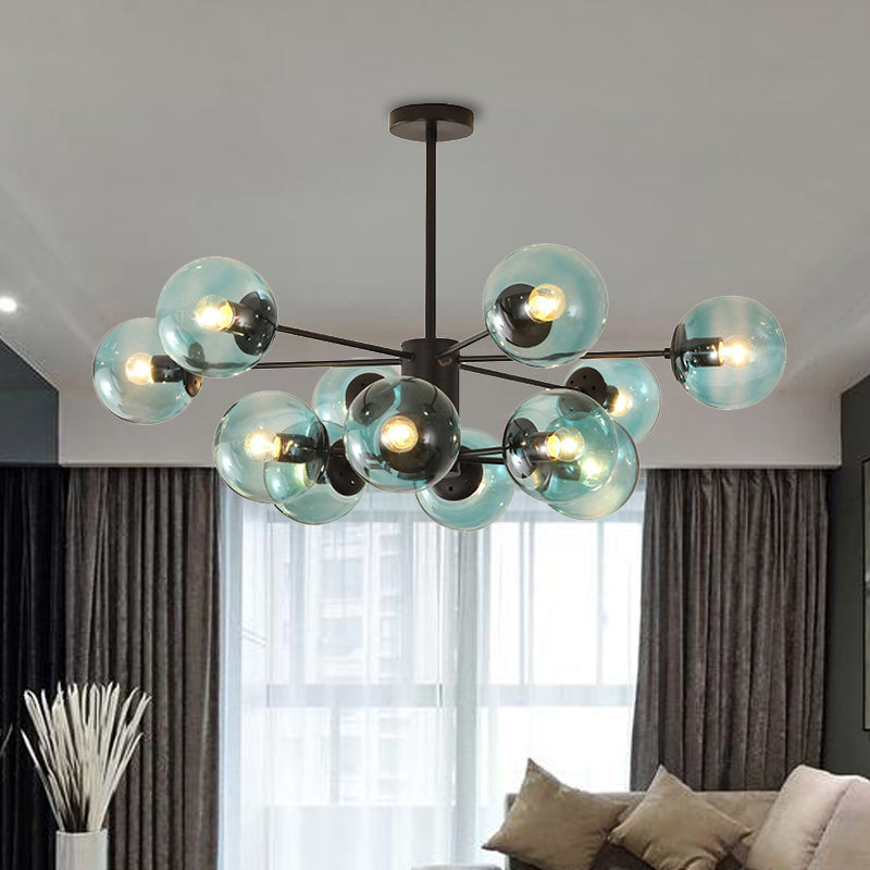 Amber/Blue/Clear Glass Spherical Chandelier Light Post Modern 6/8/10 Lights Black Pendant Lamp for Bedroom Clearhalo 'Ceiling Lights' 'Chandeliers' 'Clear' 'Glass shade' 'Glass' 'Industrial' 'Modern Chandeliers' 'Modern' 'Tiffany' 'Traditional Chandeliers' Lighting' 246155