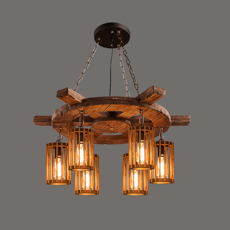 Farmhouse Cylindrical Cage Chandelier Light Wooden Hanging Lamp Kit for Dining Room Wood Rudder Clearhalo 'Carpenter Chandeliers' 'Ceiling Lights' 'Chandeliers' 'Industrial Chandeliers' 'Industrial' 'Middle Century Chandeliers' 'Modern' 'Tiffany' Lighting' 2461550