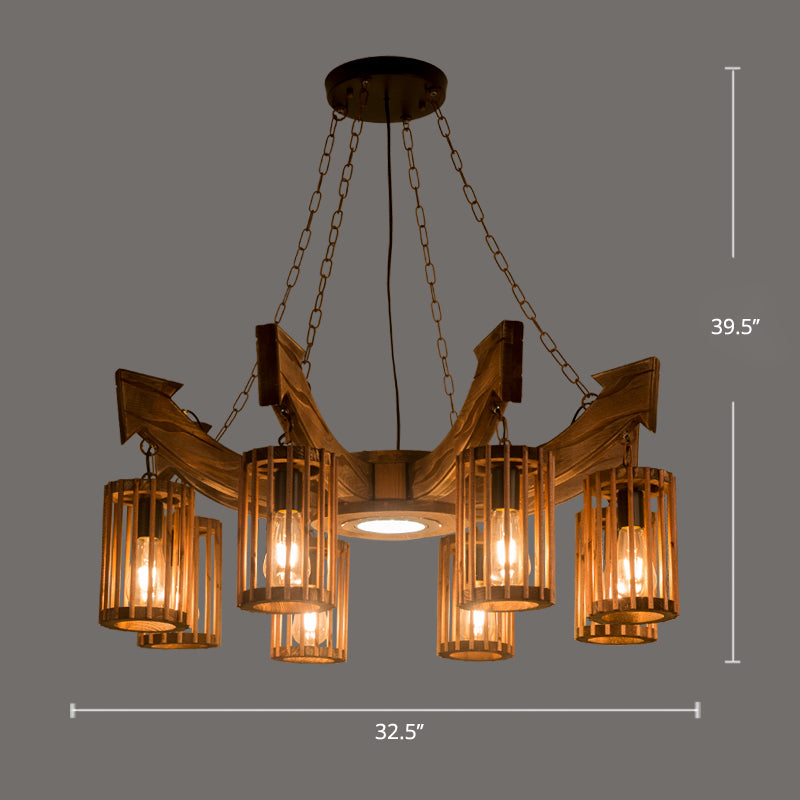 Farmhouse Cylindrical Cage Chandelier Light Wooden Hanging Lamp Kit for Dining Room Clearhalo 'Carpenter Chandeliers' 'Ceiling Lights' 'Chandeliers' 'Industrial Chandeliers' 'Industrial' 'Middle Century Chandeliers' 'Modern' 'Tiffany' Lighting' 2461551