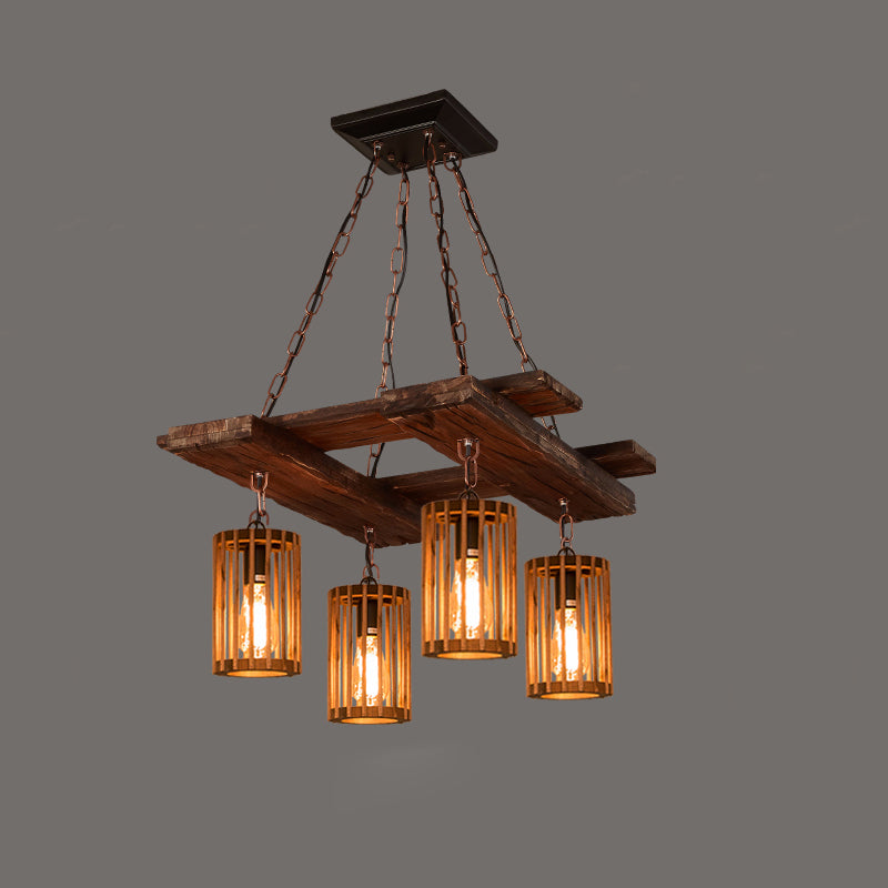 Farmhouse Cylindrical Cage Chandelier Light Wooden Hanging Lamp Kit for Dining Room Wood Square Clearhalo 'Carpenter Chandeliers' 'Ceiling Lights' 'Chandeliers' 'Industrial Chandeliers' 'Industrial' 'Middle Century Chandeliers' 'Modern' 'Tiffany' Lighting' 2461552
