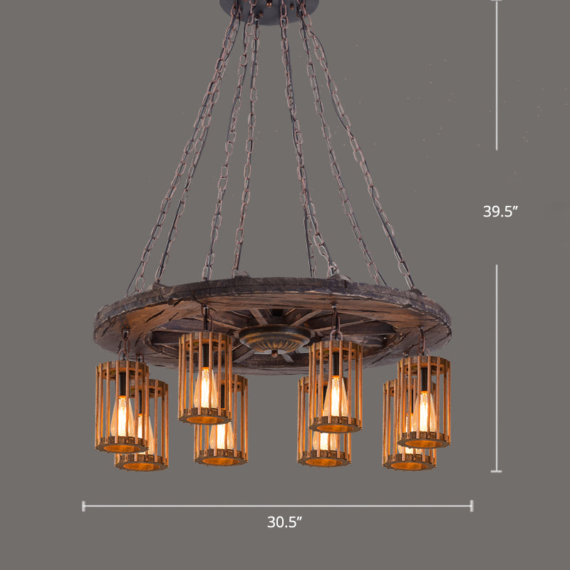 Farmhouse Cylindrical Cage Chandelier Light Wooden Hanging Lamp Kit for Dining Room Clearhalo 'Carpenter Chandeliers' 'Ceiling Lights' 'Chandeliers' 'Industrial Chandeliers' 'Industrial' 'Middle Century Chandeliers' 'Modern' 'Tiffany' Lighting' 2461553