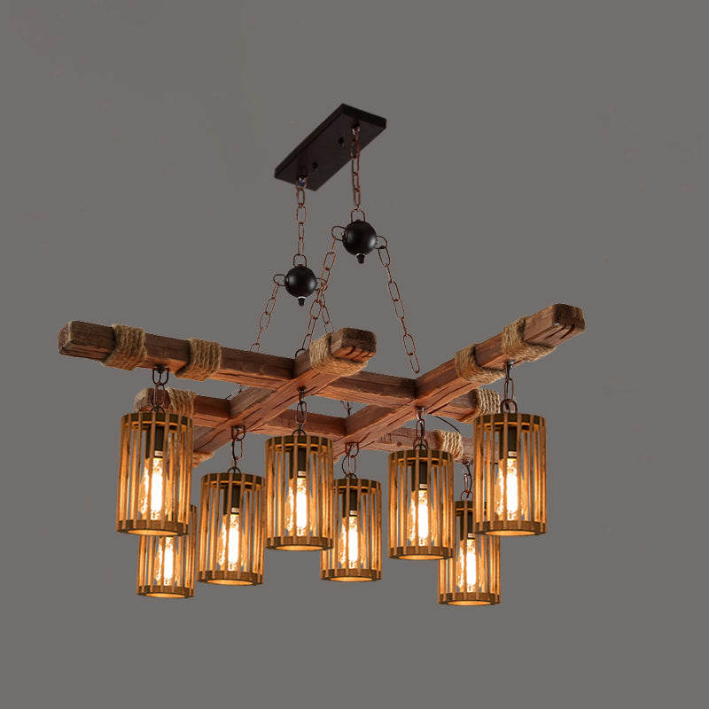 Farmhouse Cylindrical Cage Chandelier Light Wooden Hanging Lamp Kit for Dining Room Wood Trellis Clearhalo 'Carpenter Chandeliers' 'Ceiling Lights' 'Chandeliers' 'Industrial Chandeliers' 'Industrial' 'Middle Century Chandeliers' 'Modern' 'Tiffany' Lighting' 2461554
