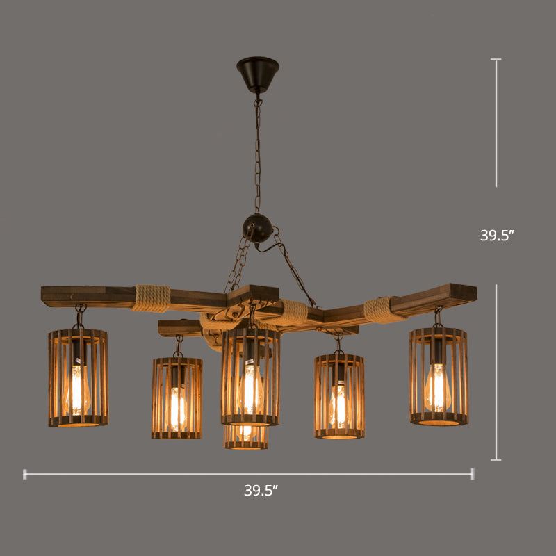 Farmhouse Cylindrical Cage Chandelier Light Wooden Hanging Lamp Kit for Dining Room Clearhalo 'Carpenter Chandeliers' 'Ceiling Lights' 'Chandeliers' 'Industrial Chandeliers' 'Industrial' 'Middle Century Chandeliers' 'Modern' 'Tiffany' Lighting' 2461555