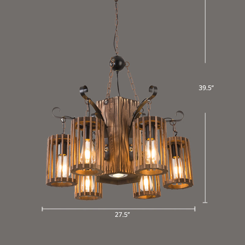 Farmhouse Cylindrical Cage Chandelier Light Wooden Hanging Lamp Kit for Dining Room Clearhalo 'Carpenter Chandeliers' 'Ceiling Lights' 'Chandeliers' 'Industrial Chandeliers' 'Industrial' 'Middle Century Chandeliers' 'Modern' 'Tiffany' Lighting' 2461556