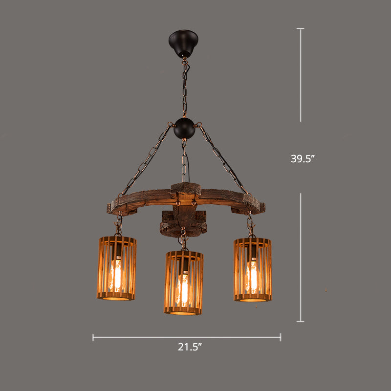Farmhouse Cylindrical Cage Chandelier Light Wooden Hanging Lamp Kit for Dining Room Clearhalo 'Carpenter Chandeliers' 'Ceiling Lights' 'Chandeliers' 'Industrial Chandeliers' 'Industrial' 'Middle Century Chandeliers' 'Modern' 'Tiffany' Lighting' 2461557