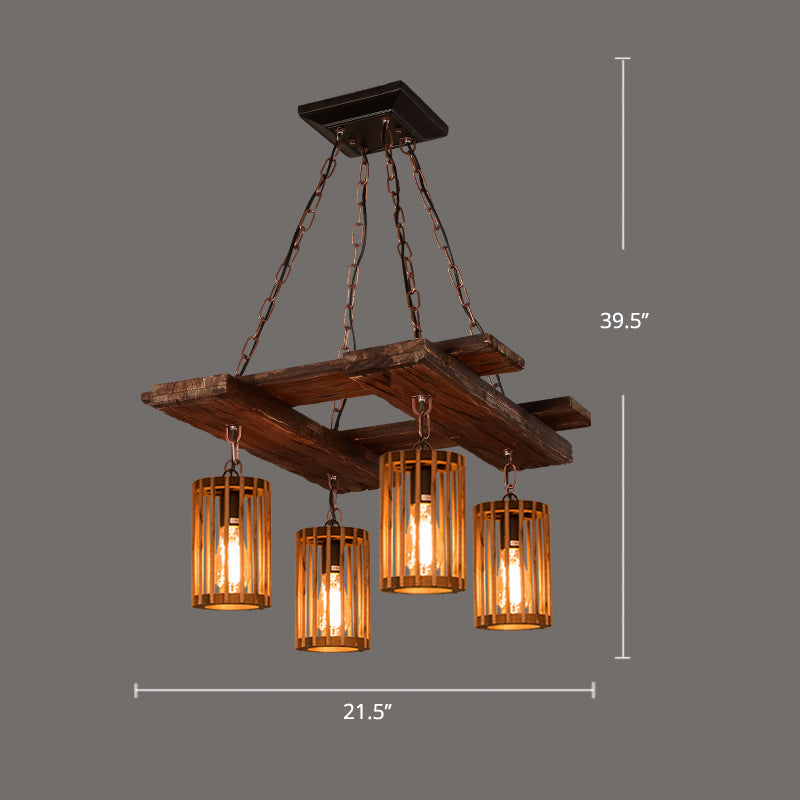 Farmhouse Cylindrical Cage Chandelier Light Wooden Hanging Lamp Kit for Dining Room Clearhalo 'Carpenter Chandeliers' 'Ceiling Lights' 'Chandeliers' 'Industrial Chandeliers' 'Industrial' 'Middle Century Chandeliers' 'Modern' 'Tiffany' Lighting' 2461559