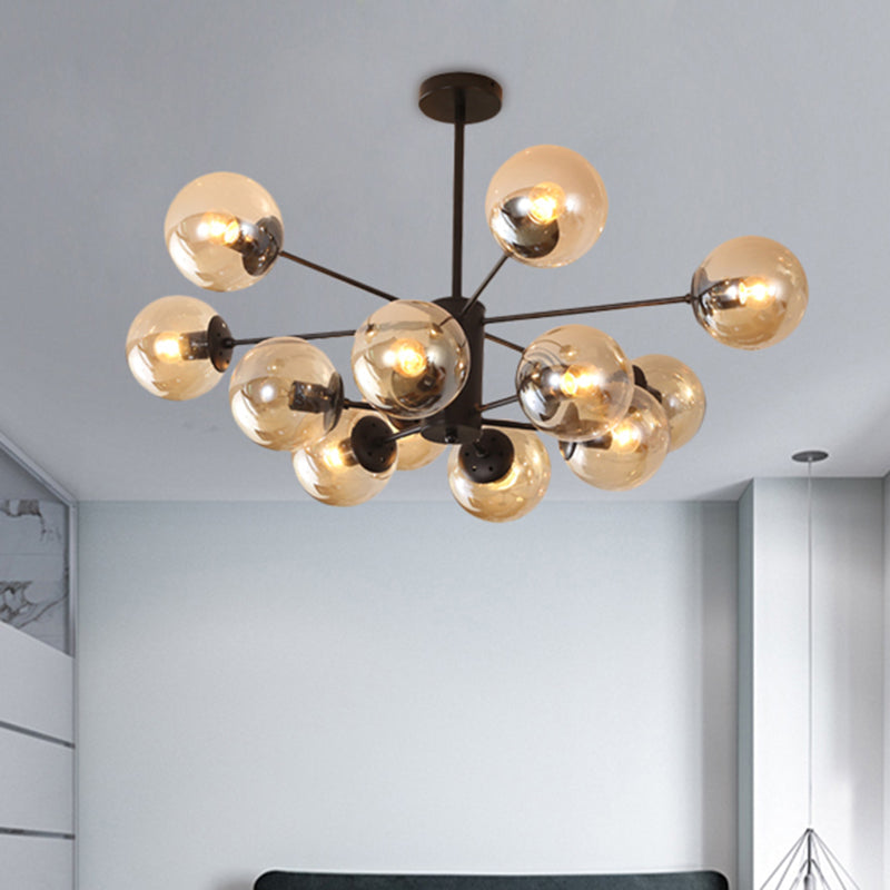 Amber/Blue/Clear Glass Spherical Chandelier Light Post Modern 6/8/10 Lights Black Pendant Lamp for Bedroom Clearhalo 'Ceiling Lights' 'Chandeliers' 'Clear' 'Glass shade' 'Glass' 'Industrial' 'Modern Chandeliers' 'Modern' 'Tiffany' 'Traditional Chandeliers' Lighting' 246159