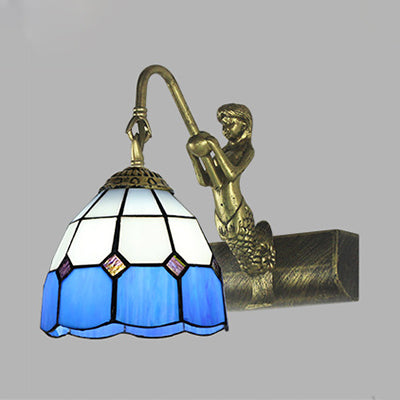 Dome Wall Light Fixture 1 Head Blue/Clear Glass Baroque Sconce Lighting with Mermaid Backplate Clearhalo 'Industrial' 'Middle century wall lights' 'Tiffany wall lights' 'Tiffany' 'Wall Lamps & Sconces' 'Wall Lights' Lighting' 24616