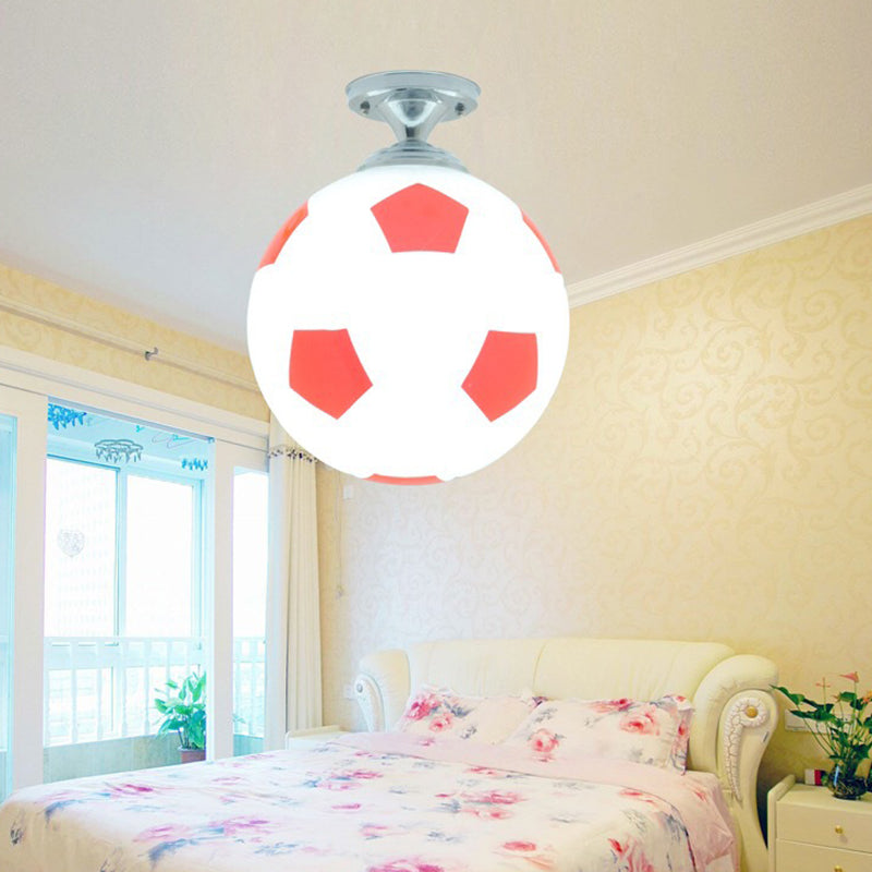 Creative Childrens Football Flushmount Light Opaque Glass 1 Head Boys Room Semi-Flush Mount Ceiling Light Red-White Clearhalo 'Ceiling Lights' 'Chandeliers' 'Close To Ceiling Lights' 'Close to ceiling' 'Glass shade' 'Glass' 'Semi-flushmount' Lighting' 2461602