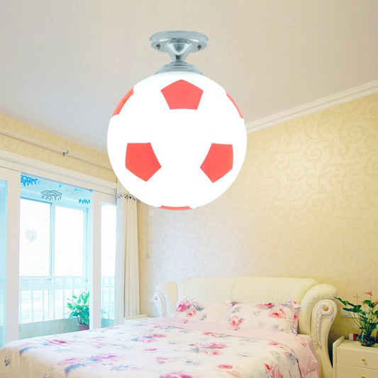 Creative Childrens Football Flushmount Light Opaque Glass 1 Head Boys Room Semi-Flush Mount Ceiling Light Red-White Clearhalo 'Ceiling Lights' 'Chandeliers' 'Close To Ceiling Lights' 'Close to ceiling' 'Glass shade' 'Glass' 'Semi-flushmount' Lighting' 2461602