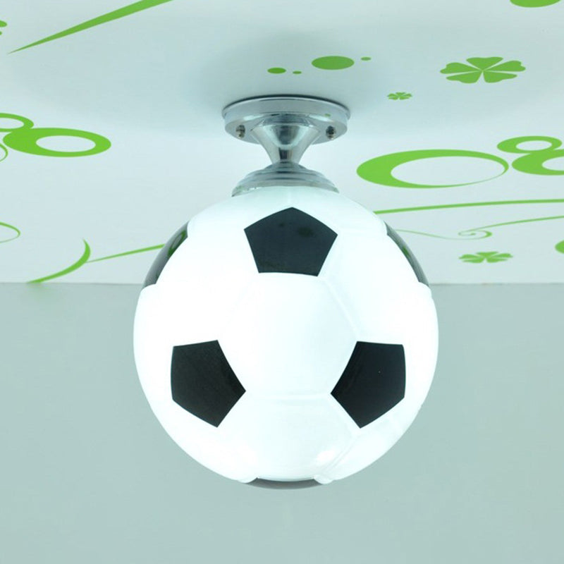 Creative Childrens Football Flushmount Light Opaque Glass 1 Head Boys Room Semi-Flush Mount Ceiling Light Clearhalo 'Ceiling Lights' 'Chandeliers' 'Close To Ceiling Lights' 'Close to ceiling' 'Glass shade' 'Glass' 'Semi-flushmount' Lighting' 2461604