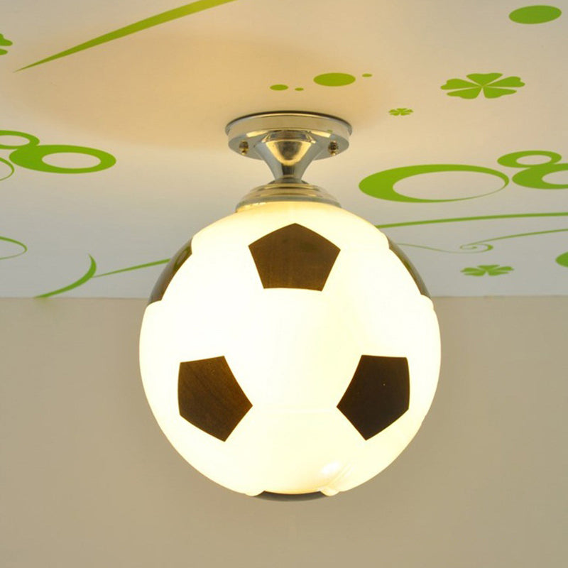 Creative Childrens Football Flushmount Light Opaque Glass 1 Head Boys Room Semi-Flush Mount Ceiling Light Clearhalo 'Ceiling Lights' 'Chandeliers' 'Close To Ceiling Lights' 'Close to ceiling' 'Glass shade' 'Glass' 'Semi-flushmount' Lighting' 2461605