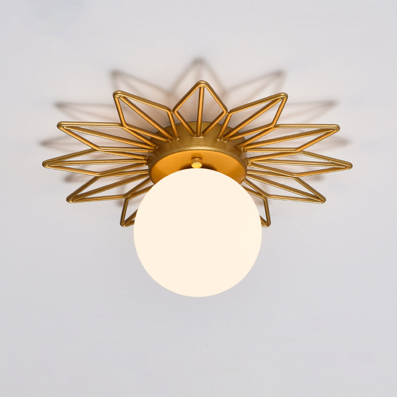 Single-Bulb Bedroom Ceiling Light Postmodern Gold Finish Flushmount Light with Ball Cream Glass Shade Gold Flower Clearhalo 'Ceiling Lights' 'Close To Ceiling Lights' 'Close to ceiling' 'Flush mount' Lighting' 2461610