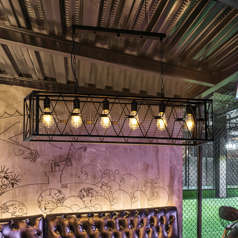 Black Metal Island Lighting Rectangular Mesh Caging 6 Lights Industrial Suspension Light Black Clearhalo 'Ceiling Lights' 'Island Lights' Lighting' 2461614