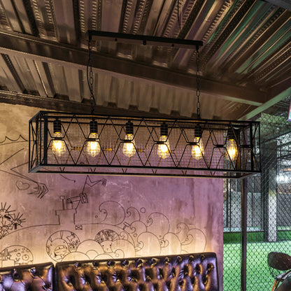 Black Metal Island Lighting Rectangular Mesh Caging 6 Lights Industrial Suspension Light Black Clearhalo 'Ceiling Lights' 'Island Lights' Lighting' 2461614