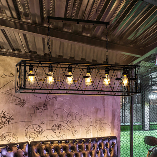 Black Metal Island Lighting Rectangular Mesh Caging 6 Lights Industrial Suspension Light Black Clearhalo 'Ceiling Lights' 'Island Lights' Lighting' 2461614