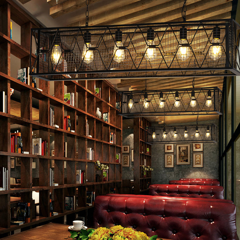 Black Metal Island Lighting Rectangular Mesh Caging 6 Lights Industrial Suspension Light Clearhalo 'Ceiling Lights' 'Island Lights' Lighting' 2461616