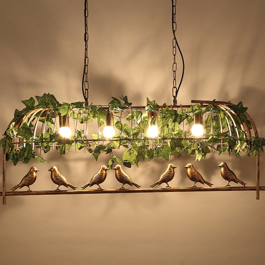 Bronze Birdcage Island Light Fixture Country Iron 4-Bulb Bar Suspension Light with Bird and Faux Ivy Clearhalo 'Ceiling Lights' 'Island Lights' Lighting' 2461620
