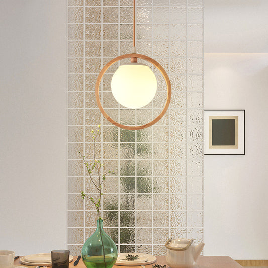 Opaline Glass Ball Cluster Pendant Nordic Style Beige Hanging Light Fixture with Wooden Ring 1 Wood Clearhalo 'Ceiling Lights' 'Modern Pendants' 'Modern' 'Pendant Lights' 'Pendants' Lighting' 2461632