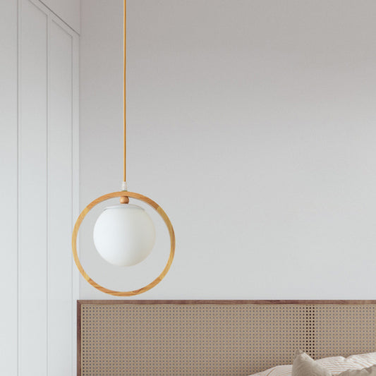 Opaline Glass Ball Cluster Pendant Nordic Style Beige Hanging Light Fixture with Wooden Ring Clearhalo 'Ceiling Lights' 'Modern Pendants' 'Modern' 'Pendant Lights' 'Pendants' Lighting' 2461635