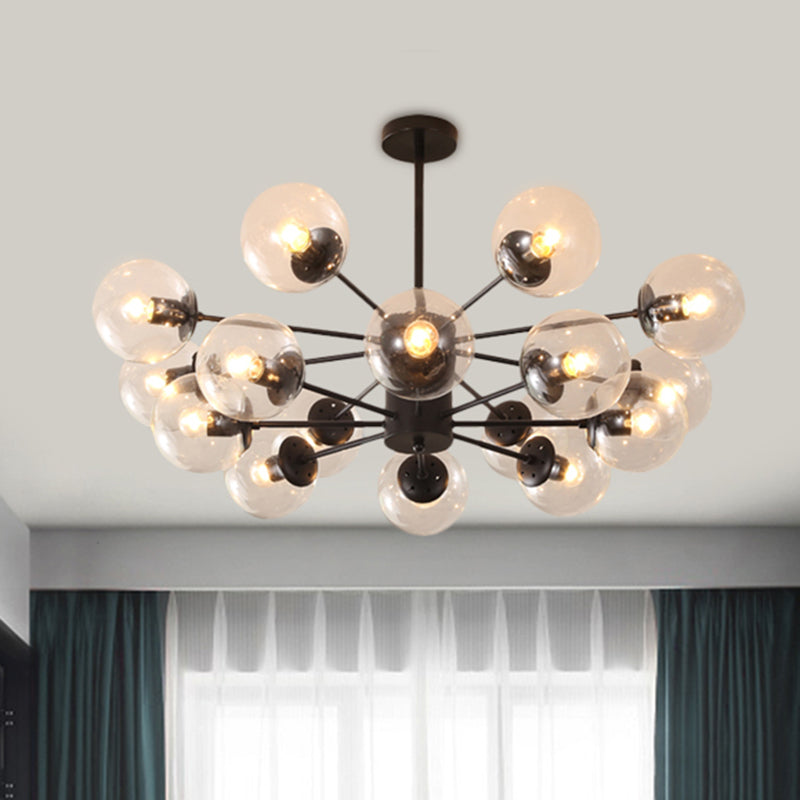 Amber/Blue/Clear Glass Spherical Chandelier Light Post Modern 6/8/10 Lights Black Pendant Lamp for Bedroom 16 Clear Clearhalo 'Ceiling Lights' 'Chandeliers' 'Clear' 'Glass shade' 'Glass' 'Industrial' 'Modern Chandeliers' 'Modern' 'Tiffany' 'Traditional Chandeliers' Lighting' 246166