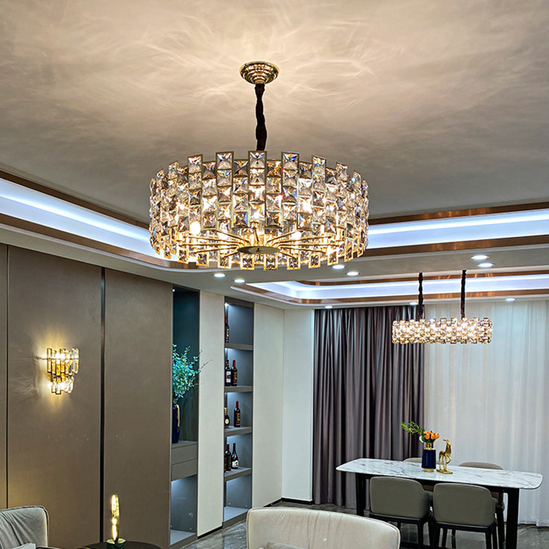 Black Drum Shaped Chandelier Pendant Minimalist Crystal Rectangle Suspension Light for Living Room Clearhalo 'Ceiling Lights' 'Chandeliers' 'Modern Chandeliers' 'Modern' Lighting' 2461686