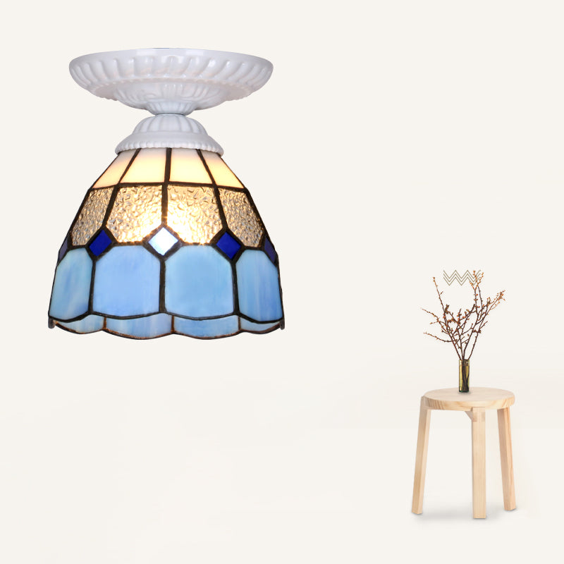 Single Flower Ceiling Mounted Light Vintage Handcrafted Stained Glass Flushmount Lighting for Aisle White Blue Clearhalo 'Ceiling Lights' 'Close To Ceiling Lights' 'Close to ceiling' 'Flush mount' Lighting' 2461697