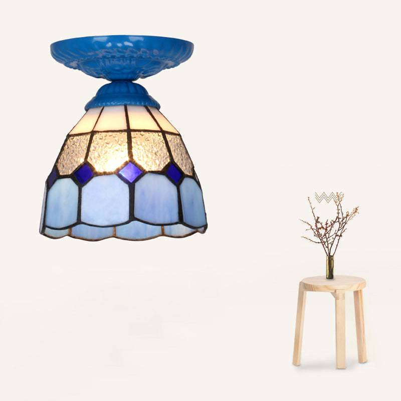 Single Flower Ceiling Mounted Light Vintage Handcrafted Stained Glass Flushmount Lighting for Aisle Blue Blue Clearhalo 'Ceiling Lights' 'Close To Ceiling Lights' 'Close to ceiling' 'Flush mount' Lighting' 2461698