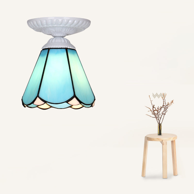 Single Flower Ceiling Mounted Light Vintage Handcrafted Stained Glass Flushmount Lighting for Aisle White Light Blue Clearhalo 'Ceiling Lights' 'Close To Ceiling Lights' 'Close to ceiling' 'Flush mount' Lighting' 2461699