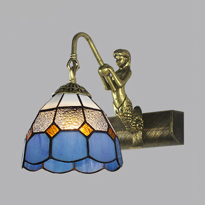 Dome Wall Light Fixture 1 Head Blue/Clear Glass Baroque Sconce Lighting with Mermaid Backplate Clearhalo 'Industrial' 'Middle century wall lights' 'Tiffany wall lights' 'Tiffany' 'Wall Lamps & Sconces' 'Wall Lights' Lighting' 24617