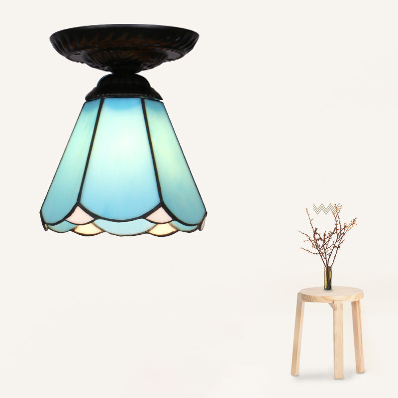 Single Flower Ceiling Mounted Light Vintage Handcrafted Stained Glass Flushmount Lighting for Aisle Black Light Blue Clearhalo 'Ceiling Lights' 'Close To Ceiling Lights' 'Close to ceiling' 'Flush mount' Lighting' 2461700
