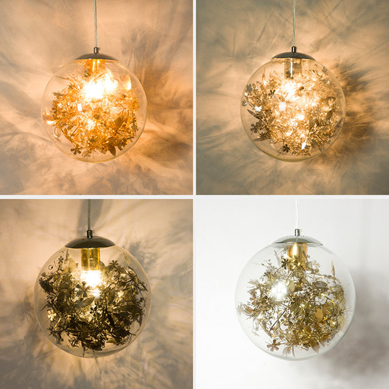 Globe Suspension Lighting Simple Clear Glass 1-Head Dining Room Pendant Light with Foil Flower Inside Clearhalo 'Ceiling Lights' 'Close To Ceiling Lights' 'Glass shade' 'Glass' 'Modern Pendants' 'Modern' 'Pendant Lights' 'Pendants' Lighting' 2461754