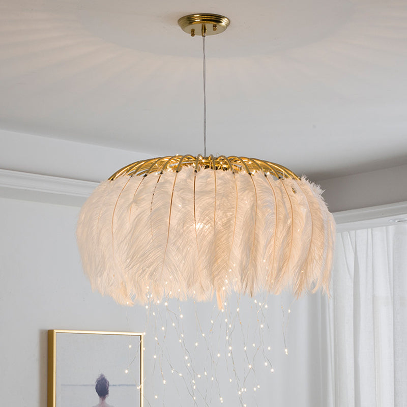 Round Chandelier Nordic Feather Bedroom Ceiling Pendant Light with Firefly LED String White Clearhalo 'Ceiling Lights' 'Chandeliers' 'Modern Chandeliers' 'Modern' Lighting' 2461771