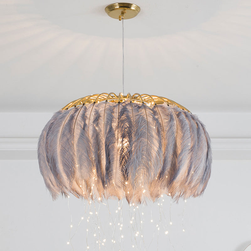Round Chandelier Nordic Feather Bedroom Ceiling Pendant Light with Firefly LED String Grey Clearhalo 'Ceiling Lights' 'Chandeliers' 'Modern Chandeliers' 'Modern' Lighting' 2461772
