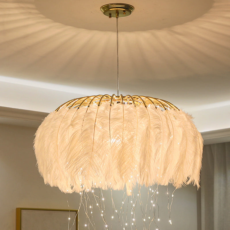 Round Chandelier Nordic Feather Bedroom Ceiling Pendant Light with Firefly LED String Clearhalo 'Ceiling Lights' 'Chandeliers' 'Modern Chandeliers' 'Modern' Lighting' 2461773