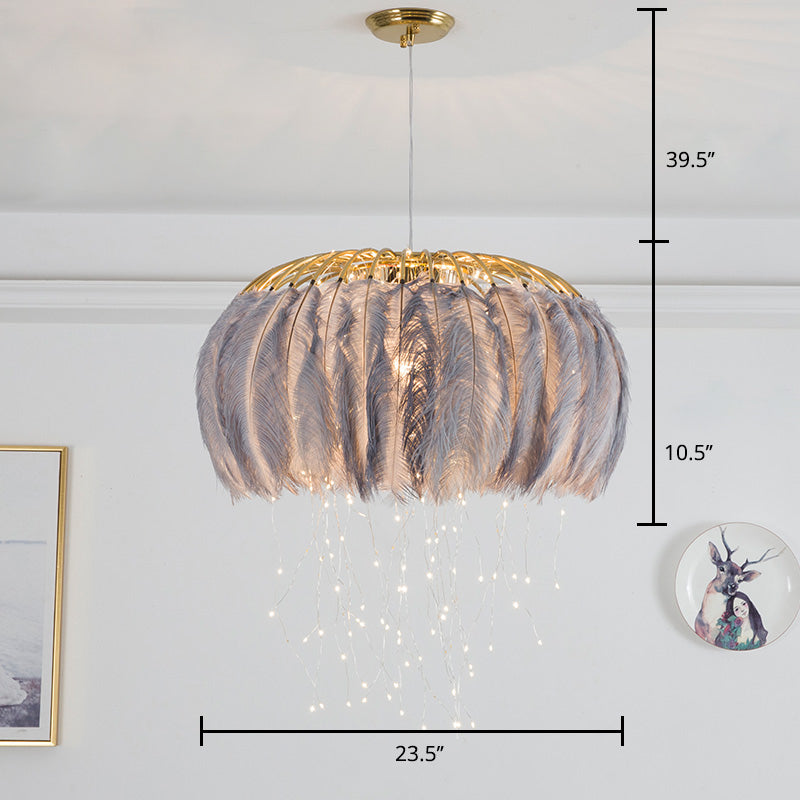 Round Chandelier Nordic Feather Bedroom Ceiling Pendant Light with Firefly LED String Clearhalo 'Ceiling Lights' 'Chandeliers' 'Modern Chandeliers' 'Modern' Lighting' 2461775