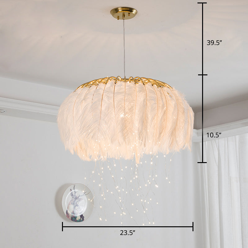 Round Chandelier Nordic Feather Bedroom Ceiling Pendant Light with Firefly LED String Clearhalo 'Ceiling Lights' 'Chandeliers' 'Modern Chandeliers' 'Modern' Lighting' 2461776