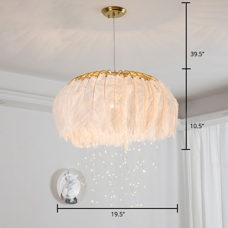 Round Chandelier Nordic Feather Bedroom Ceiling Pendant Light with Firefly LED String Clearhalo 'Ceiling Lights' 'Chandeliers' 'Modern Chandeliers' 'Modern' Lighting' 2461778