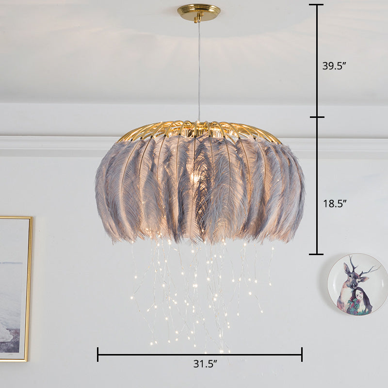 Round Chandelier Nordic Feather Bedroom Ceiling Pendant Light with Firefly LED String Clearhalo 'Ceiling Lights' 'Chandeliers' 'Modern Chandeliers' 'Modern' Lighting' 2461779